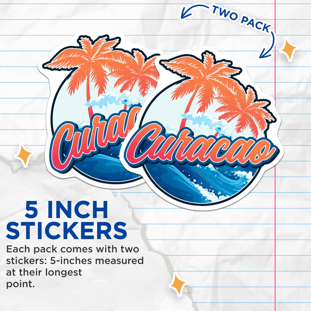 (2 Pack) Curacao Stickers - Caribbean Island Decals - Tropical Palm Tree Stickers - 5" On Longest Side - Sticks to Smooth Flat Surfaces - Made in USA - BMCS17494