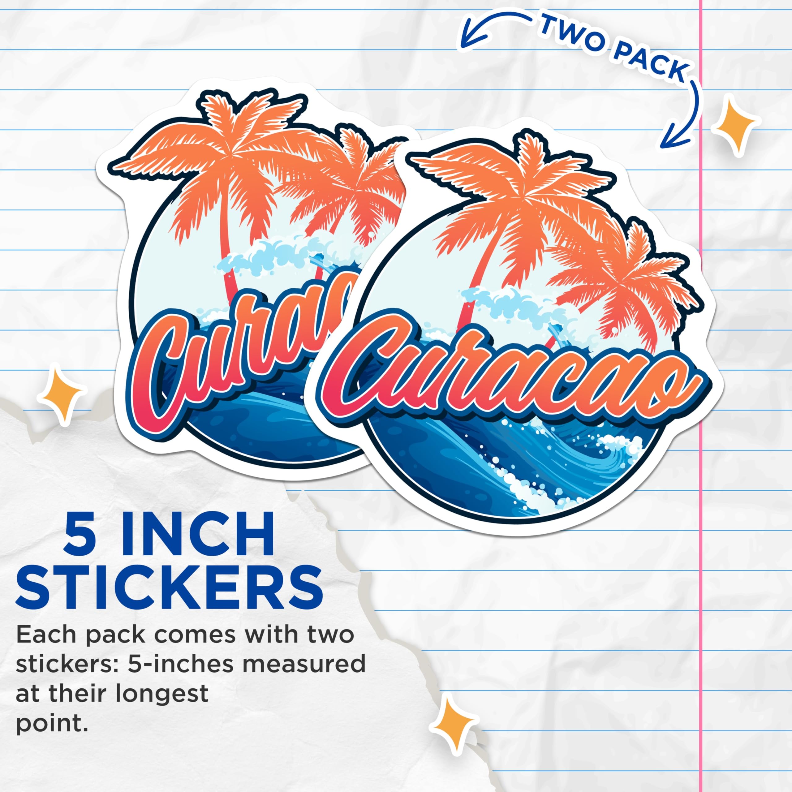 (2 Pack) Curacao Stickers - Caribbean Island Decals - Tropical Palm Tree Stickers - 5" On Longest Side - Sticks to Smooth Flat Surfaces - Made in USA - BMCS17494