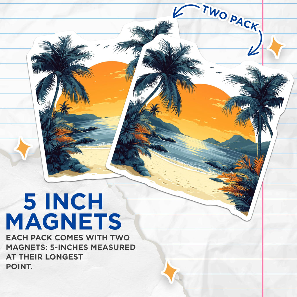 (2 Pack) Tropical Sunset Magnets - Beach Palm Tree Ocean Decor - Coastal Paradise Refrigerator Accessories - 5 Inches On Longest Side - Thick Durable Magnet - Made in USA - MAG27291
