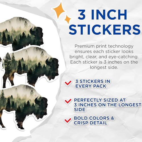 (3 Pack) Buffalo Decals - Nature Forest Animal Decals - Laptop Car Decals - 3 Inches On Longest Side - Easy Peel & Apply - Made in USA - 3MCS0616