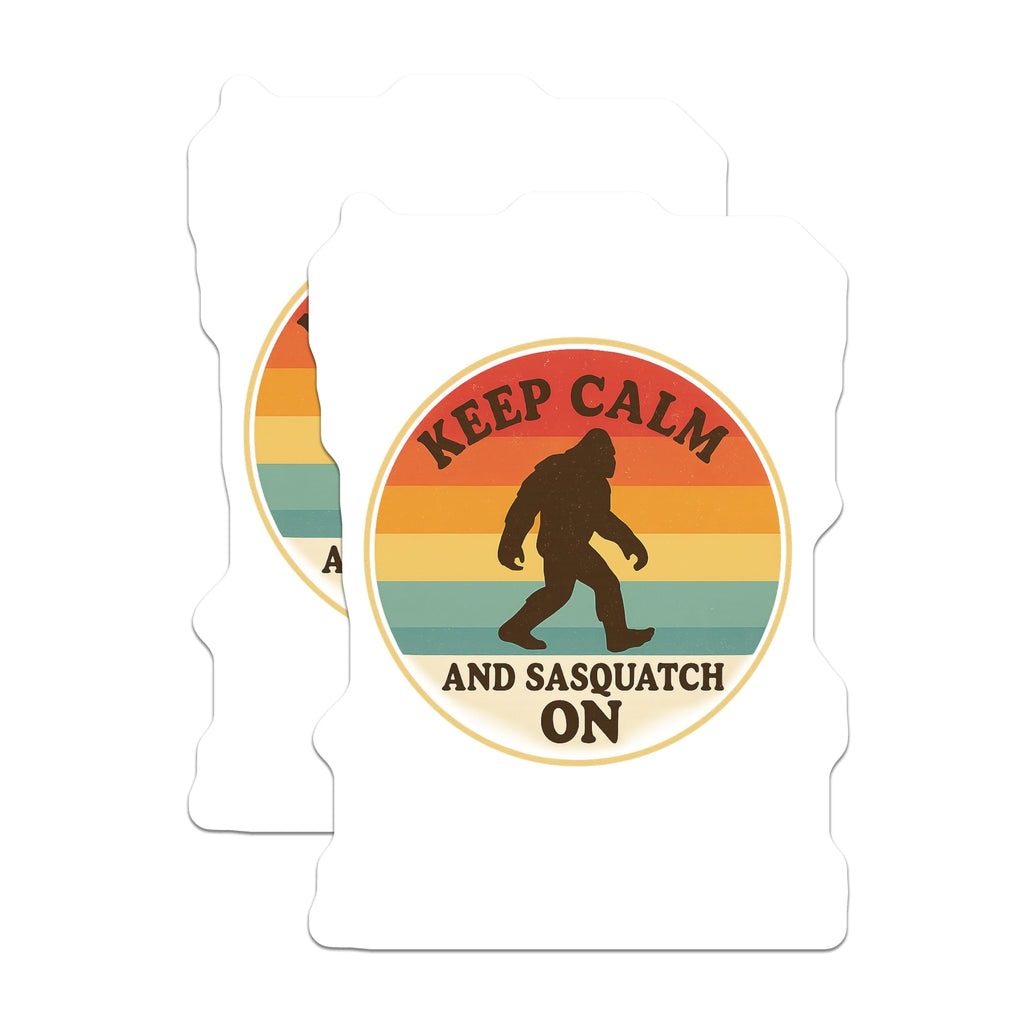 (2 Pack) Bigfoot Magnets - Sasquatch Cryptid Decor - Keep Calm Quote - Retro Refrigerator Magnets - 5 Inches On Longest Side - Thick Durable Magnet - Made in USA - MAG21121