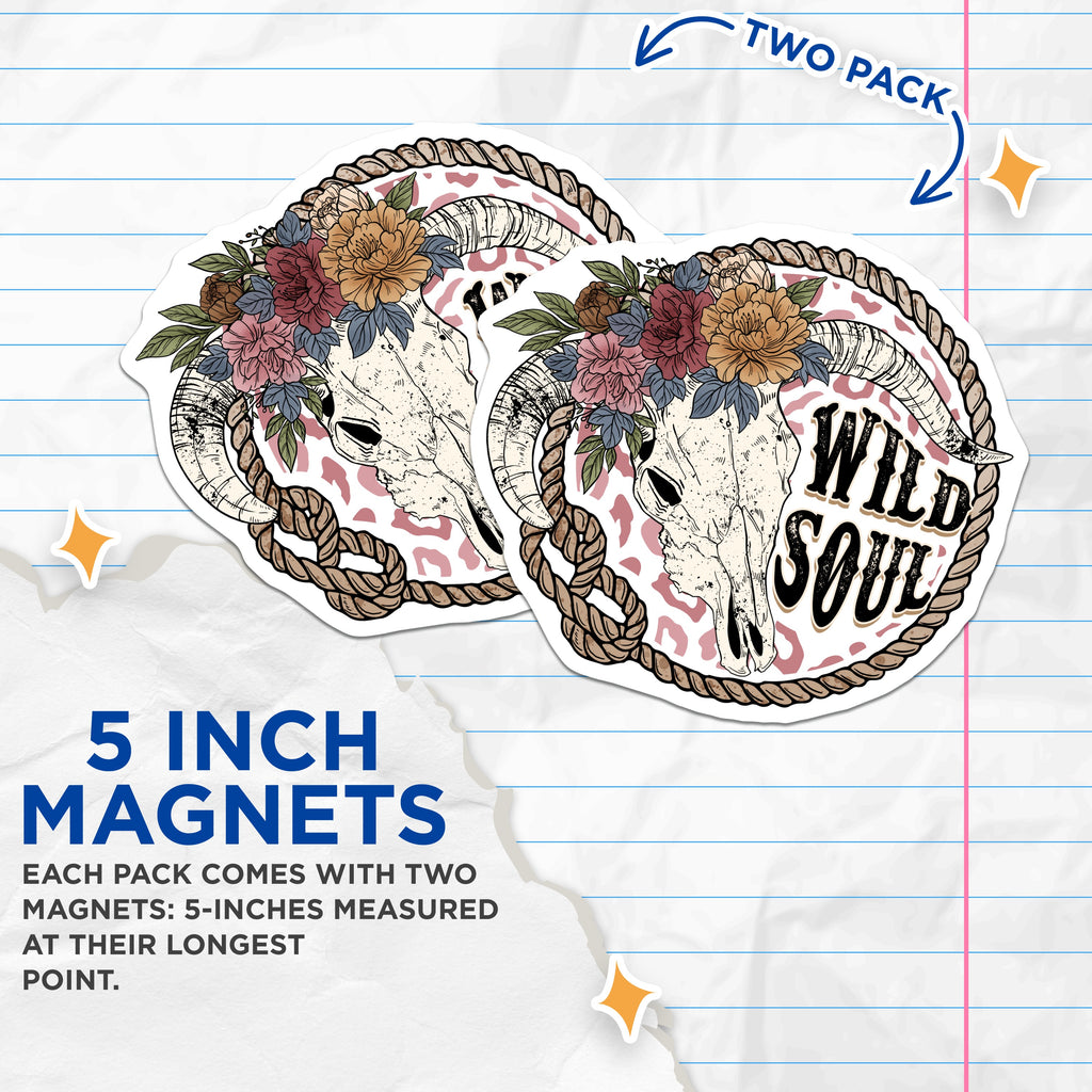 (2 Pack) Wild Soul Magnets - Boho Floral Ram Skull Decor - Western Cowgirl Home Art Aesthetic - 5 Inches On Longest Side - Thick Durable Magnet - Made in USA - MAG36587