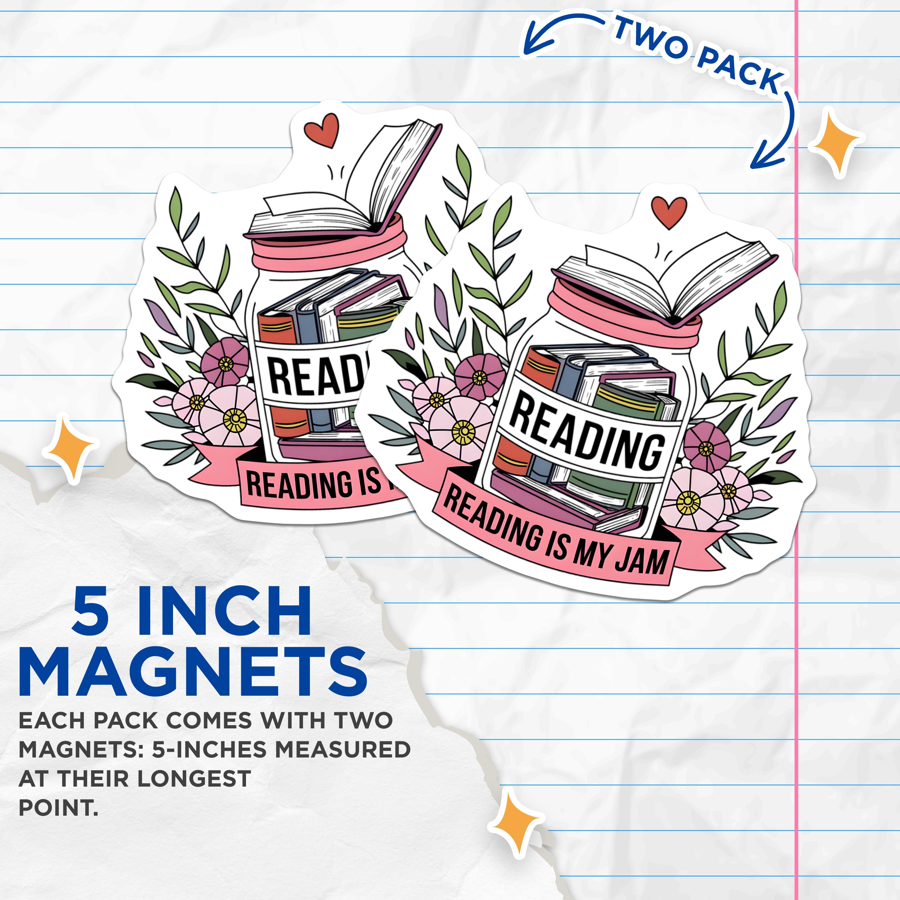 (2 Pack) Reading is My Jam Magnets - Book Lover Fridge Art - Literary Teacher Librarian Student - 5 Inches On Longest Side - Thick Durable Magnet - Made in USA - MAG39829