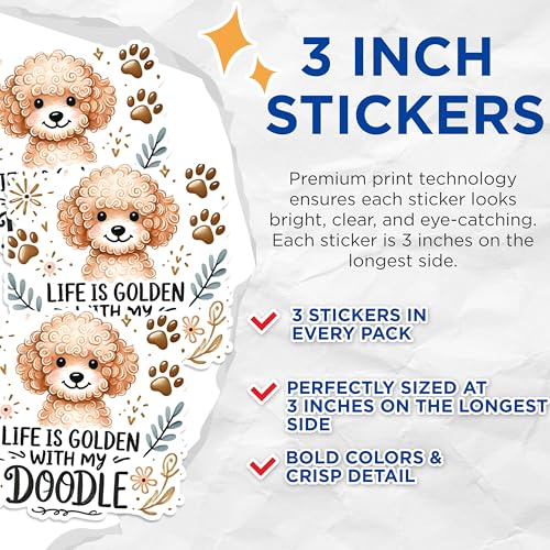 (3 Pack) Golden Doodle Decals - Dog Lover Stickers - Puppy Art Laptop Decal - 3 Inches On Longest Side - Easy Peel & Apply - Made in USA - 3MCS1253