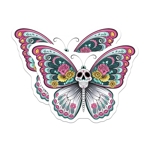 (2 Pack) Sugar Skull Butterfly Stickers - Day of The Dead - Colorful Floral Art - 5" On Longest Side - Sticks to Smooth Flat Surfaces - Made in USA - BMCS9460