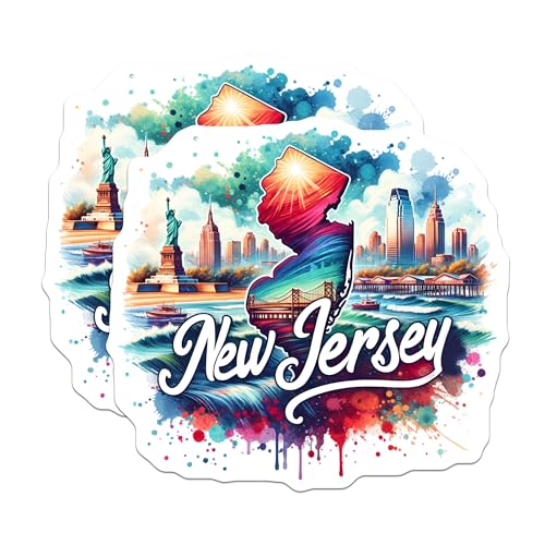 (2 Pack) New Jersey Cityscape Stickers - State Pride - Vibrant Artistic Design - 5" On Longest Side - Sticks to Smooth Flat Surfaces - Made in USA - BMCS6870