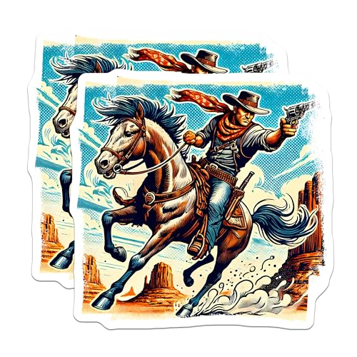 (2 Pack) Western Cowboy Stickers - Horse Rider Art - Vintage Adventure Scene - 5" On Longest Side - Sticks to Smooth Flat Surfaces - Made in USA - BMCS5826
