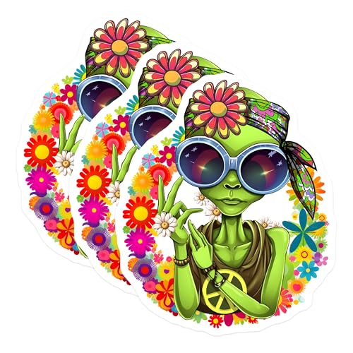 (3 Pack) Hippie Alien Decals - Flower Power - Retro Peace Sign - 3 Inches On Longest Side - Easy Peel & Apply - Made in USA - 3MCS6526