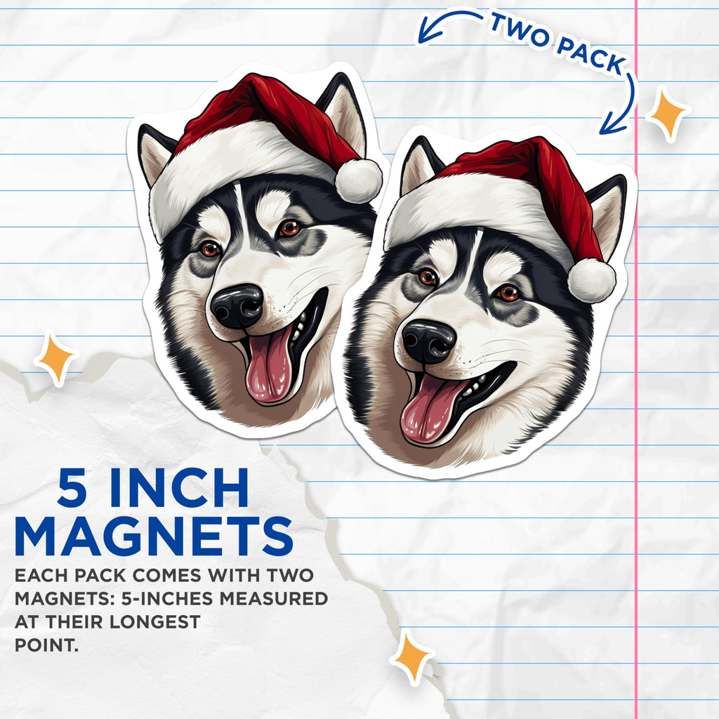 (2 Pack) Christmas Husky Magnets - Santa Hat Dog Decor - Holiday Pet Refrigerator Accessory - 5 Inches On Longest Side - Thick Durable Magnet - Made in USA - MAG30847