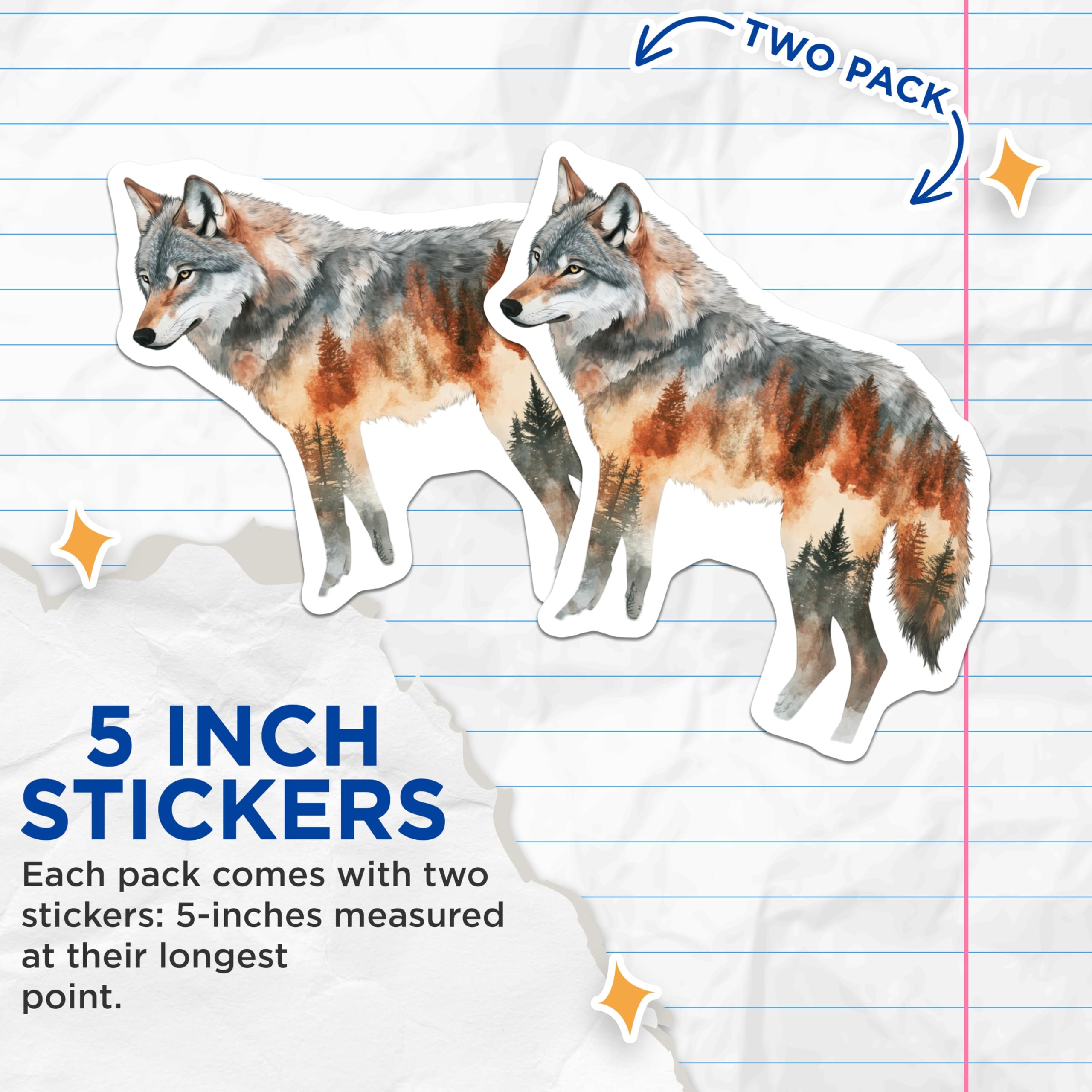 (2 Pack) Wolf Forest Stickers - Nature Scene Decals - Animal Lover - 5" On Longest Side - Sticks to Smooth Flat Surfaces - Made in USA - BMCS15957