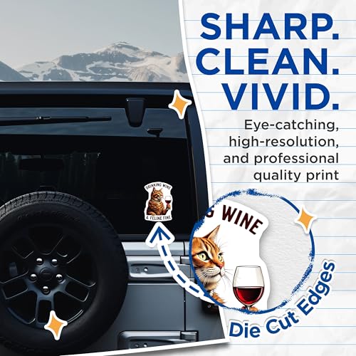 (2 Pack) Drinking Wine and Feline Fine Stickers - Funny Cat Stickers - Wine Lover Stickers - 5" On Longest Side - Sticks to Smooth Flat Surfaces - Made in USA - BMCS4631