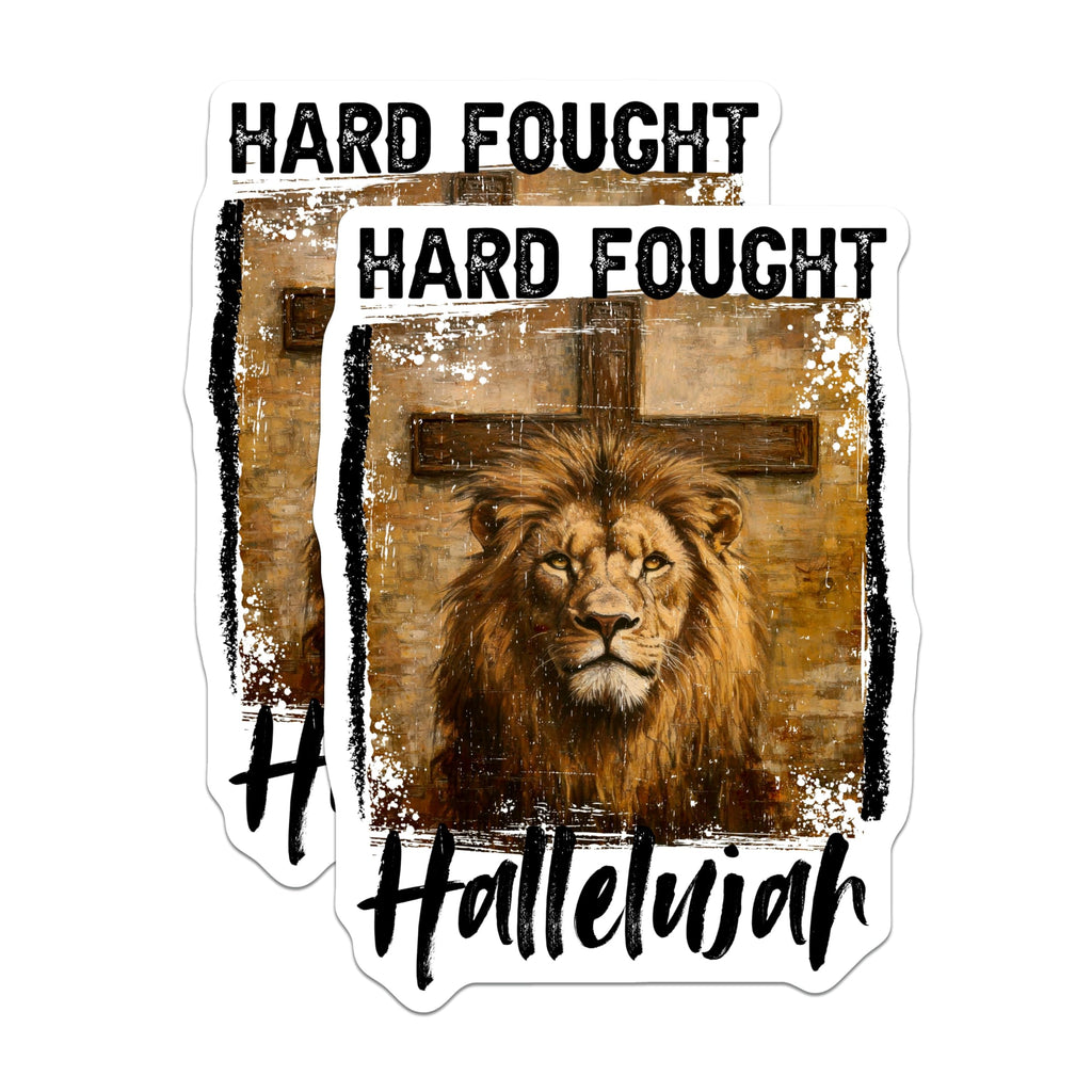 (2 Pack) Lion with Cross Stickers - Hard Fought Hallelujah - Inspirational Christian Art - Religious Lion Stickers - 5" On Longest Side - Sticks to Smooth Flat Surfaces - Made in USA - BMCS9958