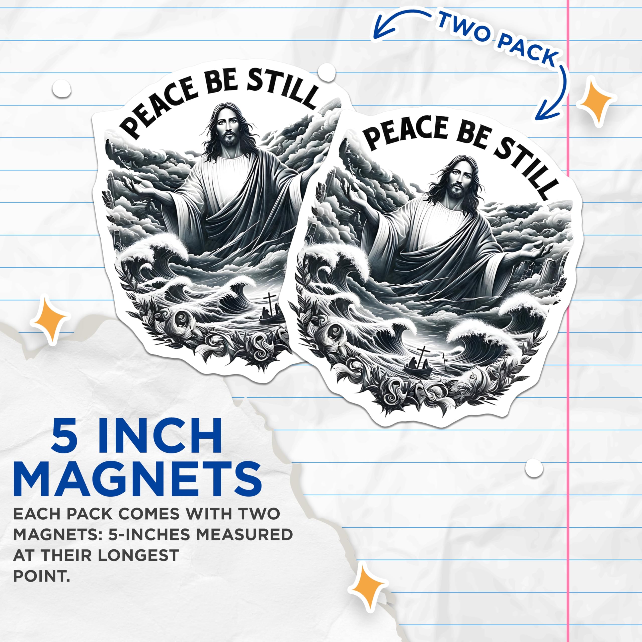 (2 Pack) Jesus Calming Storm Magnets - Peace Be Still Decor - Christian Faith Items - 5 Inches On Longest Side - Thick Durable Magnet - Made in USA - MAG25300