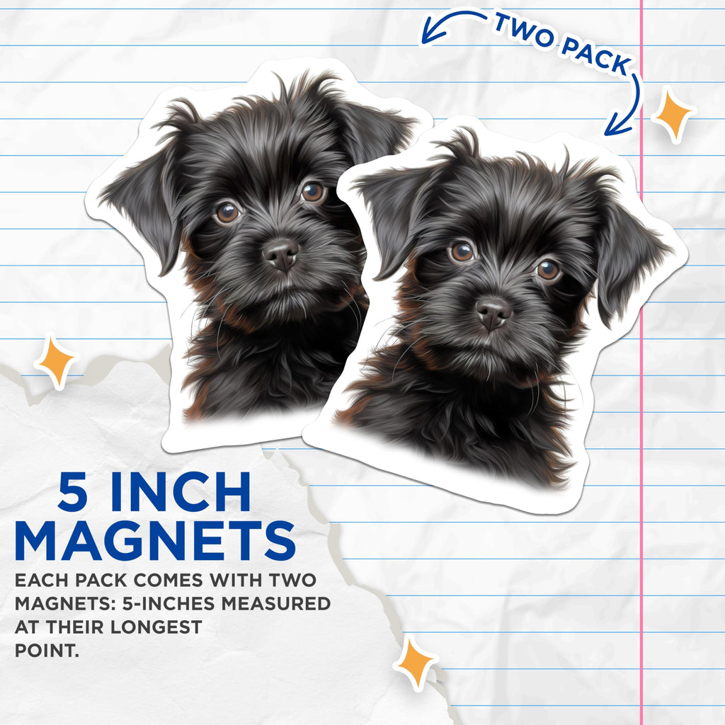 (2 Pack) Black Puppy Magnets - Adorable Fluffy Dog Art - Pet Lover Fridge Decor Animal Theme - 5 Inches On Longest Side - Thick Durable Magnet - Made in USA - MAG27985