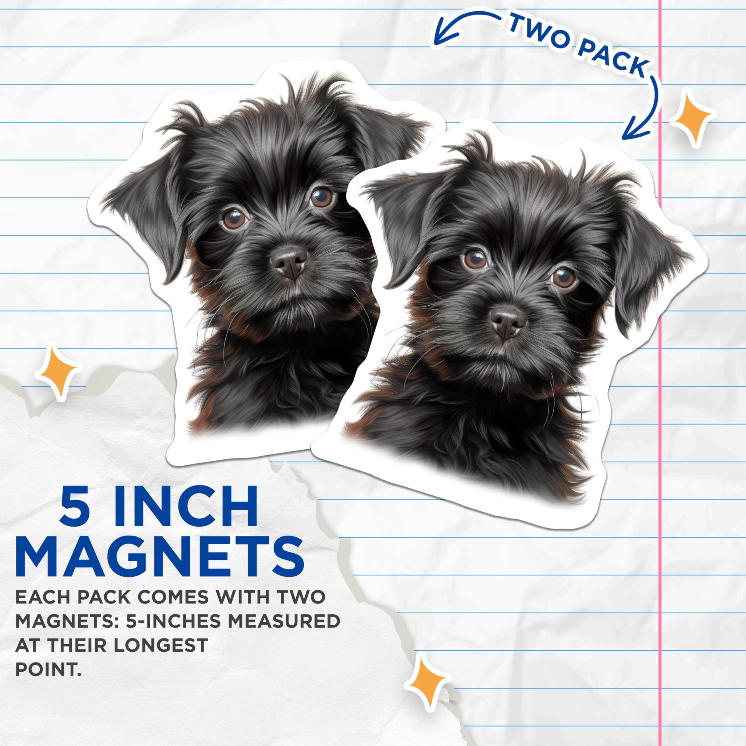 (2 Pack) Black Puppy Magnets - Adorable Fluffy Dog Art - Pet Lover Fridge Decor Animal Theme - 5 Inches On Longest Side - Thick Durable Magnet - Made in USA - MAG27985