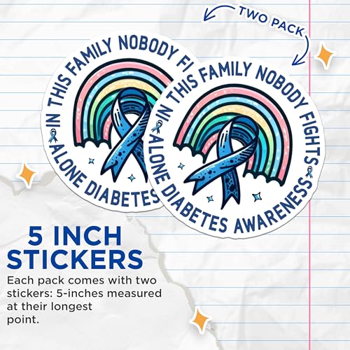 (2 Pack) Diabetes Awareness Stickers - in This Family Nobody Fights Alone Stickers - Rainbow Support Stickers - 5" On Longest Side - Sticks to Smooth Flat Surfaces - Made in USA - BMCS3820