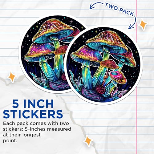 (2 Pack) Psychedelic Mushroom Stickers - Neon Mushrooms - Trippy Art Sticker Decal - 5" On Longest Side - Sticks to Smooth Flat Surfaces - Made in USA - BMCS7145