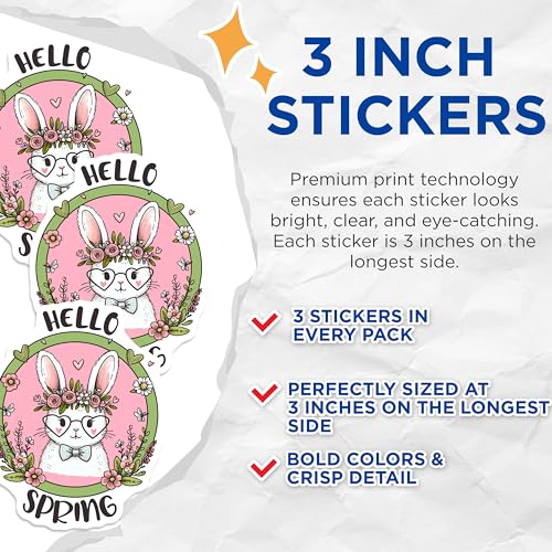 (3 Pack) Hello Spring Decals - Floral Bunny with Glasses - Cute Easter Bunny Stickers - 3 Inches On Longest Side - Easy Peel & Apply - Made in USA - 3MCS6772