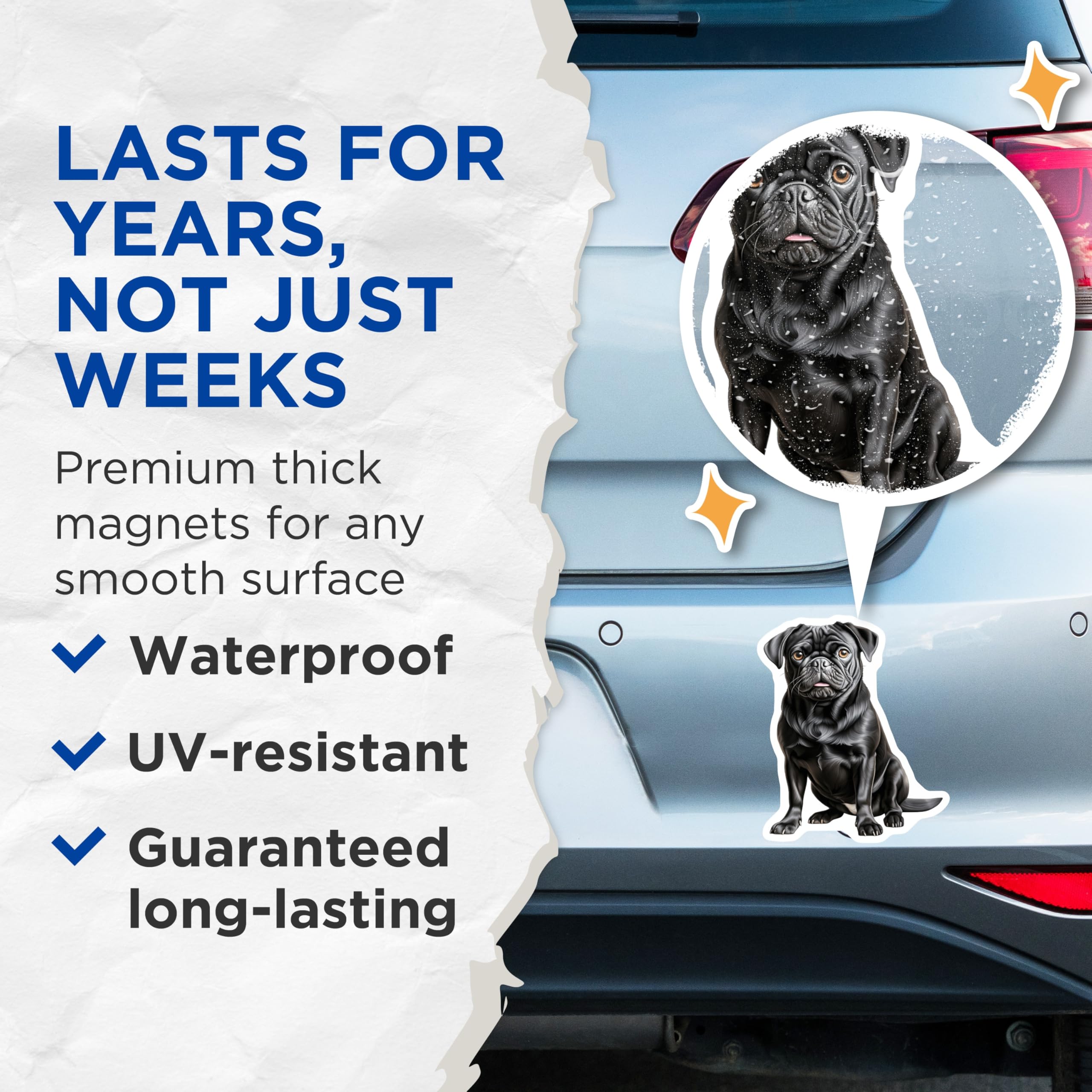 (2 Pack) Black Pug Refrigerator Magnets - Wrinkled Dog Breed Art - Pet Lover Kitchen Decor - 5 Inches On Longest Side - Thick Durable Magnet - Made in USA - MAG24905
