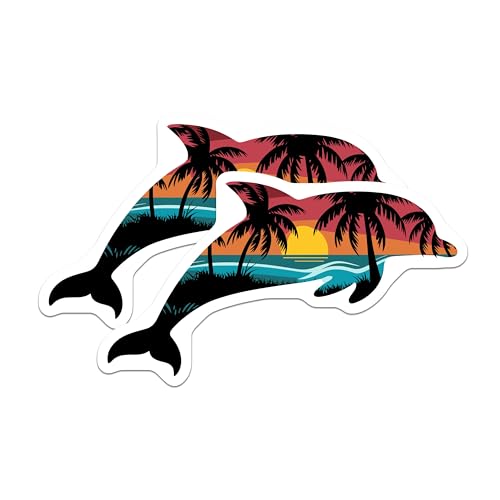(2 Pack) Dolphin Sunset Stickers - Tropical Beach Design - Ocean Theme - Laptop and Skateboard - 5" On Longest Side - Sticks to Smooth Flat Surfaces - Made in USA - BMCS5536