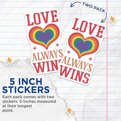 (2 Pack) Love Always Wins Stickers - Rainbow Heart Stickers - Pride Inspirational Stickers - 5" On Longest Side - Sticks to Smooth Flat Surfaces - Made in USA - BMCS4130
