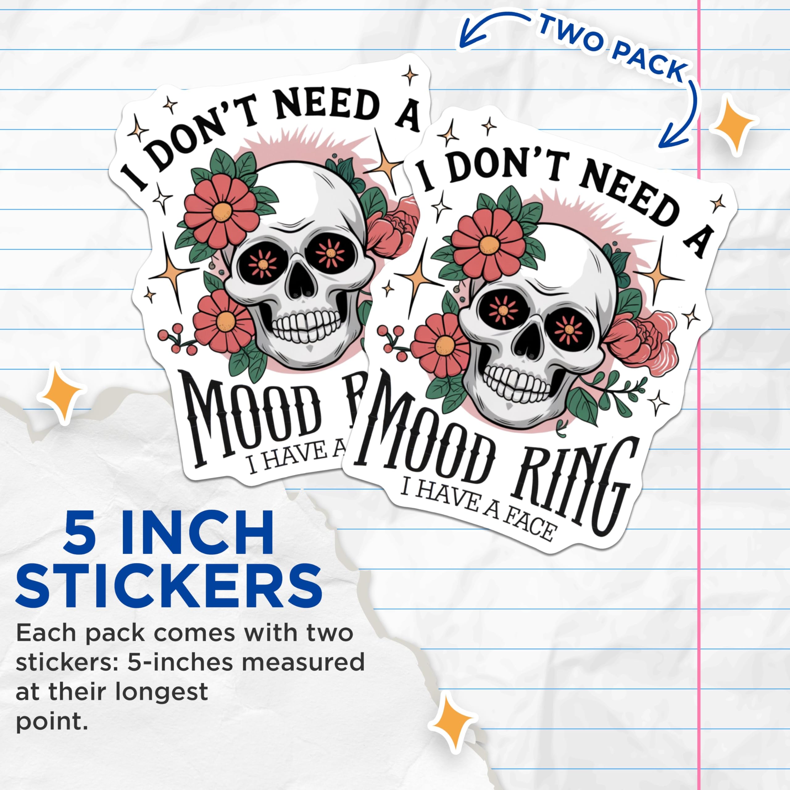 (2 Pack) Skull Mood Ring Stickers - Funny Skeleton Stickers - Unique Floral Skull Design - 5" On Longest Side - Sticks to Smooth Flat Surfaces - Made in USA - BMCS4092