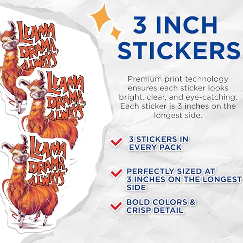 (3 Pack) Llama Drama Decals - Funny Animal Decal - Laptop Car Decal - 3 Inches On Longest Side - Easy Peel & Apply - Made in USA - 3MCS2899