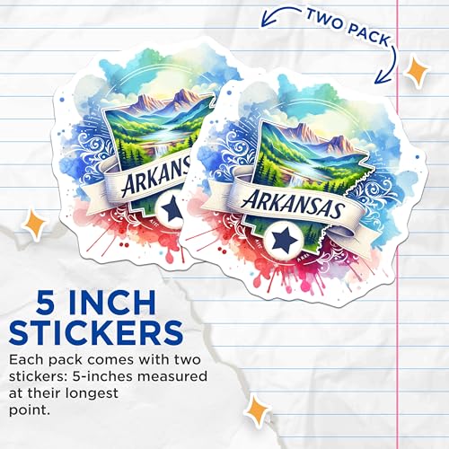 (2 Pack) Arkansas State Stickers - Beautiful Landscape Art - Watercolor Travel Decal - Unique Arkansas Souvenir - 5" On Longest Side - Sticks to Smooth Flat Surfaces - Made in USA - BMCS6599