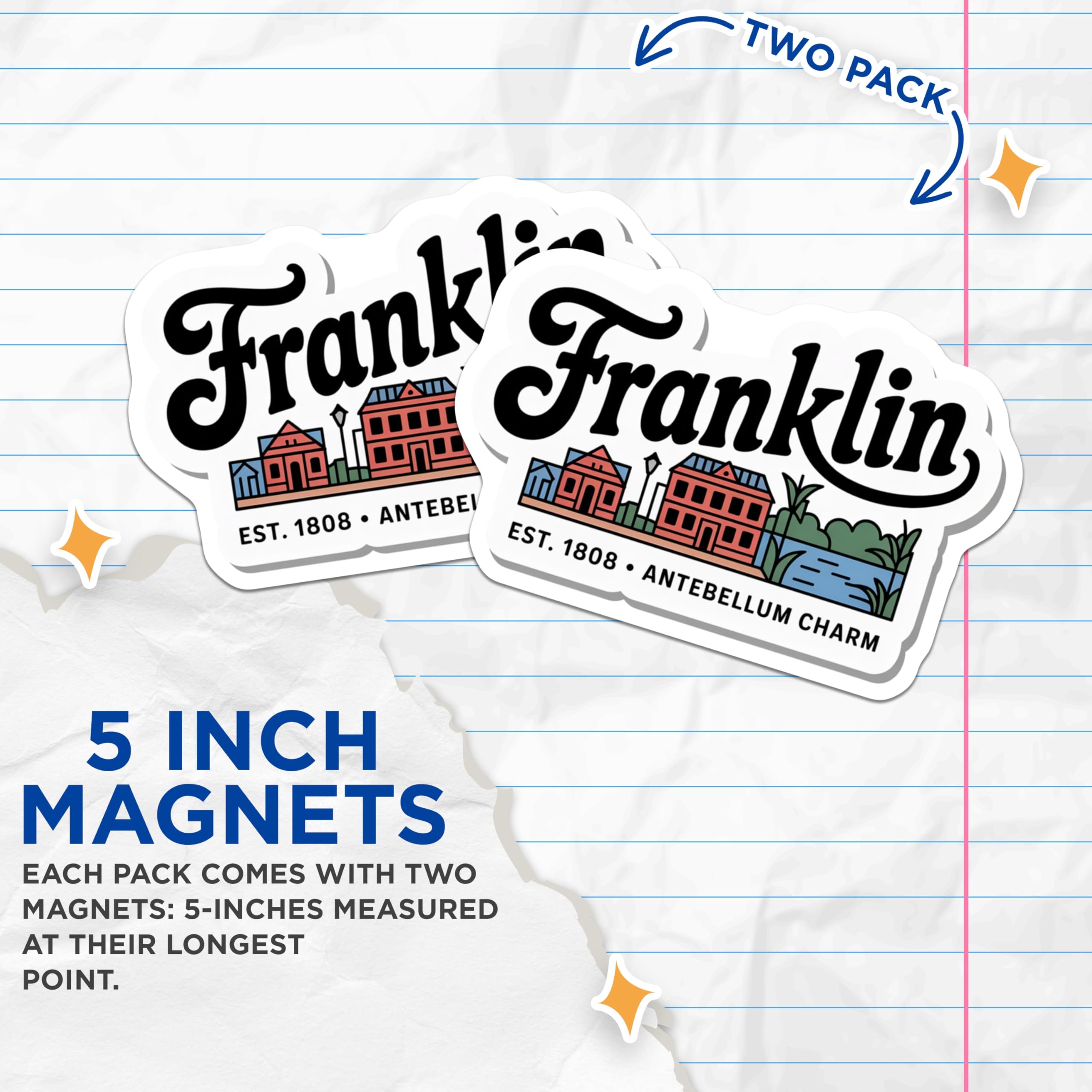 (2 Pack) Franklin TN Magnets - Antebellum Charm Decor - Tennessee Travel Souvenir - 5" On Longest Side - Premium Magnet - for Cars, Refrigerators, Toolboxes, Lockers - Made in USA - MAG17408