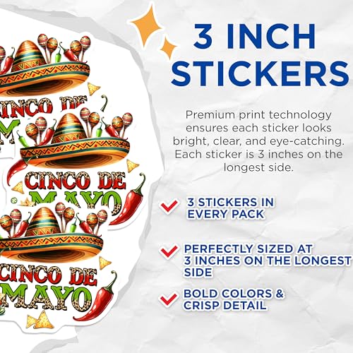 (3 Pack) Cinco De Mayo Decals - Fiesta Celebration - Mexican Food and Culture - 3 Inches On Longest Side - Easy Peel & Apply - Made in USA - 3MCS8520