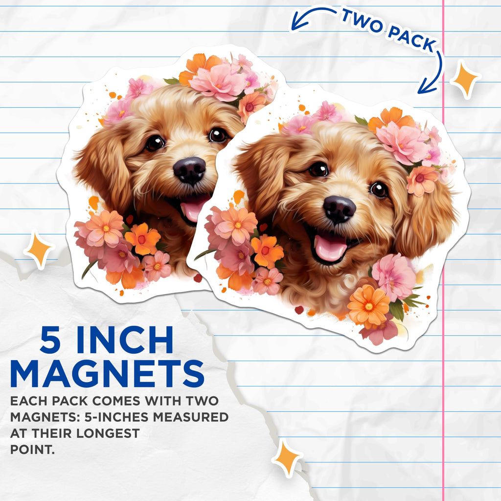 (2 Pack) Adorable Puppy Magnets - Smiling Dog Flower Crown Art - Animal Lover Refrigerator Decor - 5 Inches On Longest Side - Thick Durable Magnet - Made in USA - MAG24282