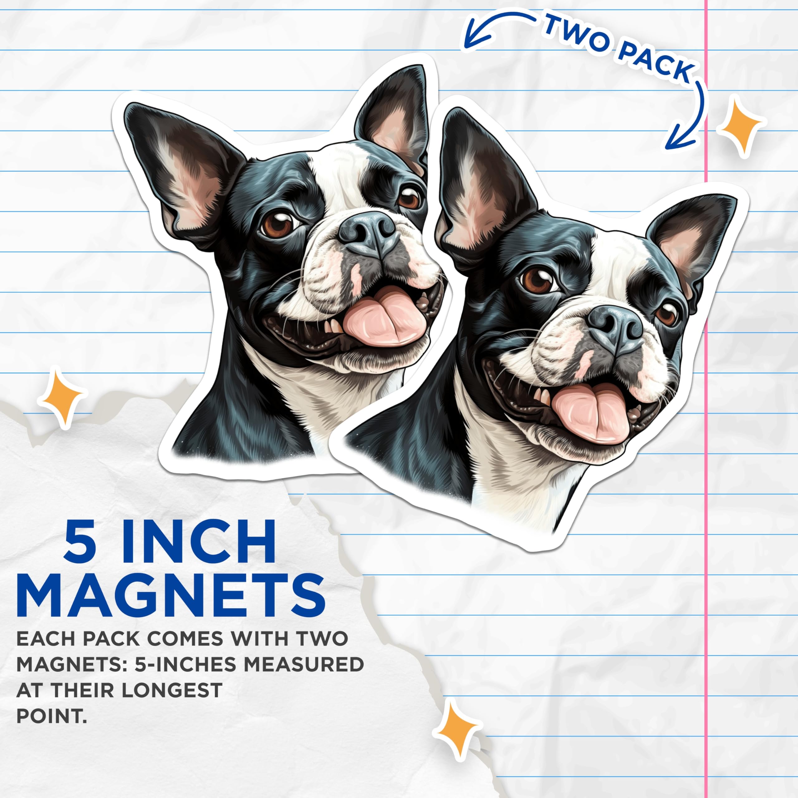 (2 Pack) Boston Terrier Magnets - Happy Dog Breed Artwork - Pet Owner Decor for Fridge - 5 Inches On Longest Side - Thick Durable Magnet - Made in USA - MAG27008