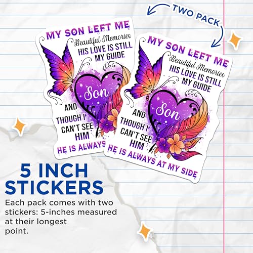 (2 Pack) My Son Left Me Stickers - Beautiful Memories - Love is My Guide - Always at My Side - 5" On Longest Side - Sticks to Smooth Flat Surfaces - Made in USA - BMCS6136