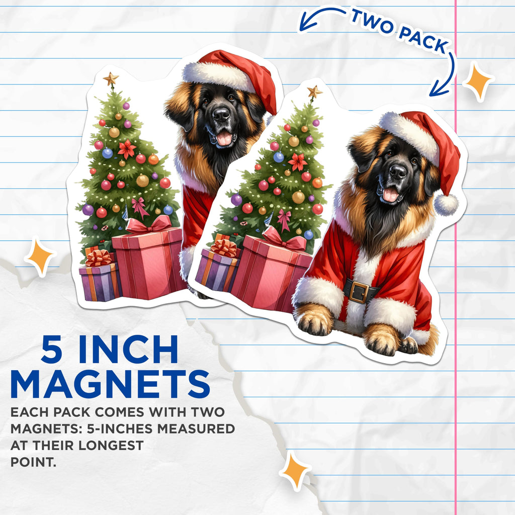 (2 Pack) Santa Dog Magnets - Christmas Leonberger Decor - Holiday Pet Lover Art - 5 Inches On Longest Side - Thick Durable Magnet - Made in USA - MAG30370
