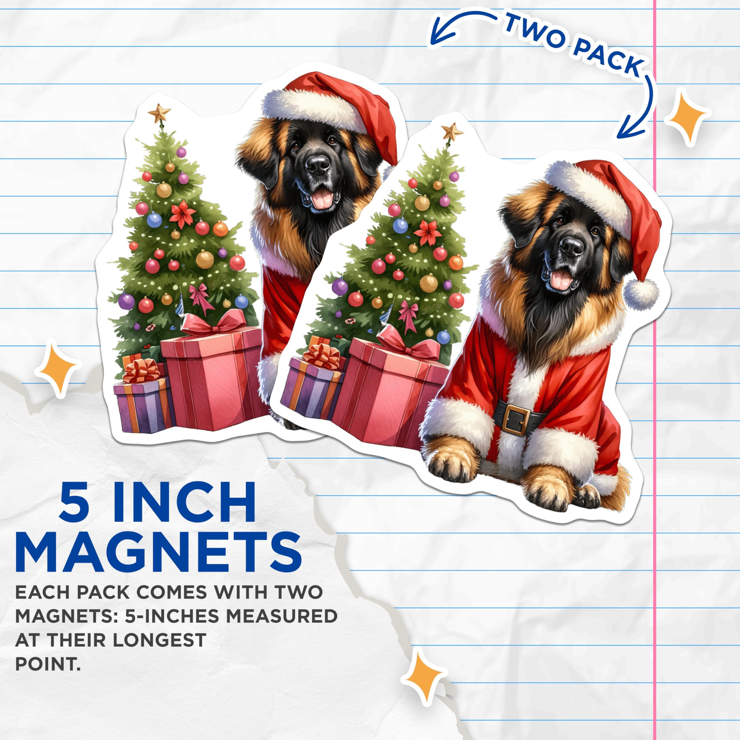 (2 Pack) Santa Dog Magnets - Christmas Leonberger Decor - Holiday Pet Lover Art - 5 Inches On Longest Side - Thick Durable Magnet - Made in USA - MAG30370