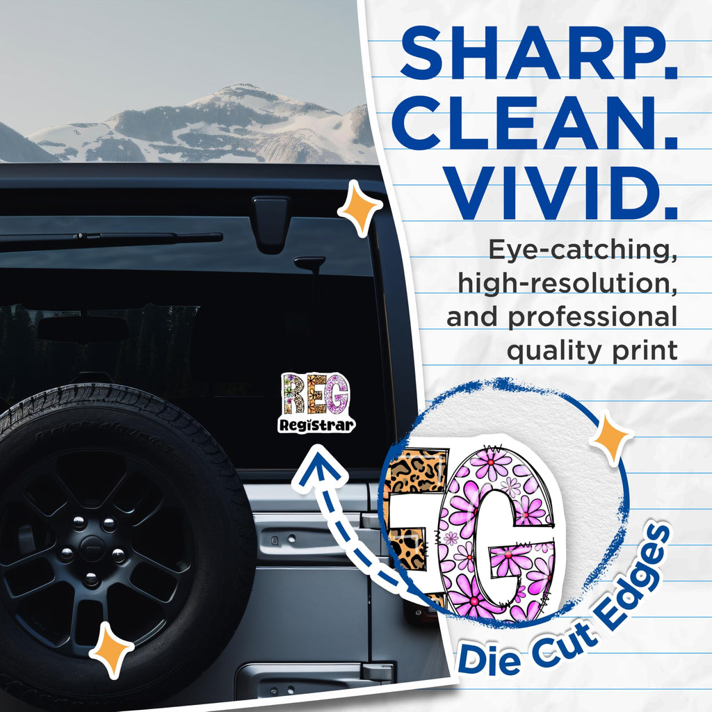 (2 Pack) Registrar Stickers - Floral Letters - Leopard Print Stickers - 5" On Longest Side - Sticks to Smooth Flat Surfaces - Made in USA - BMCS15265