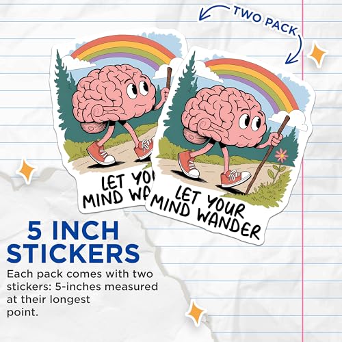(2 Pack) Let Your Mind Wander Stickers - Motivational Cartoon Brain - Inspirational Hiking Art - 5" On Longest Side - Sticks to Smooth Flat Surfaces - Made in USA - BMCS7626