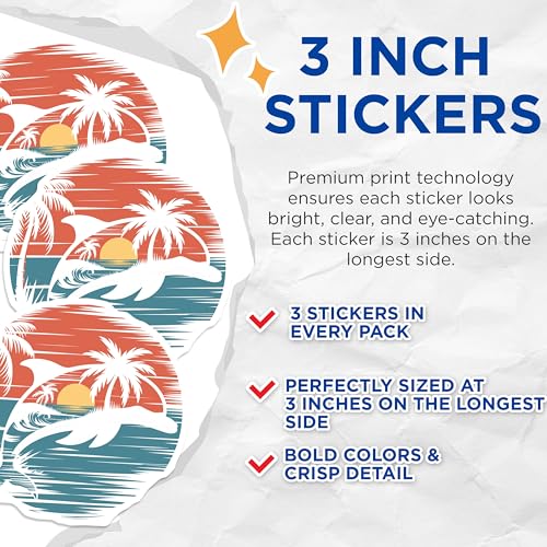 (3 Pack) Dolphin Sunset Decals - Palm Tree Decal - Beach Decals - 3 Inches On Longest Side - Easy Peel & Apply - Made in USA - 3MCS4032