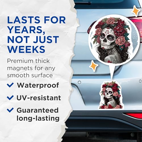 (2 Pack) Sugar Skull Woman Magnets Magnets - Day of The Dead Decoration - Floral Skull Art - 5" On Longest Side - Made in USA - Sticks to Refrigerators & Metal Surfaces - MAG9201