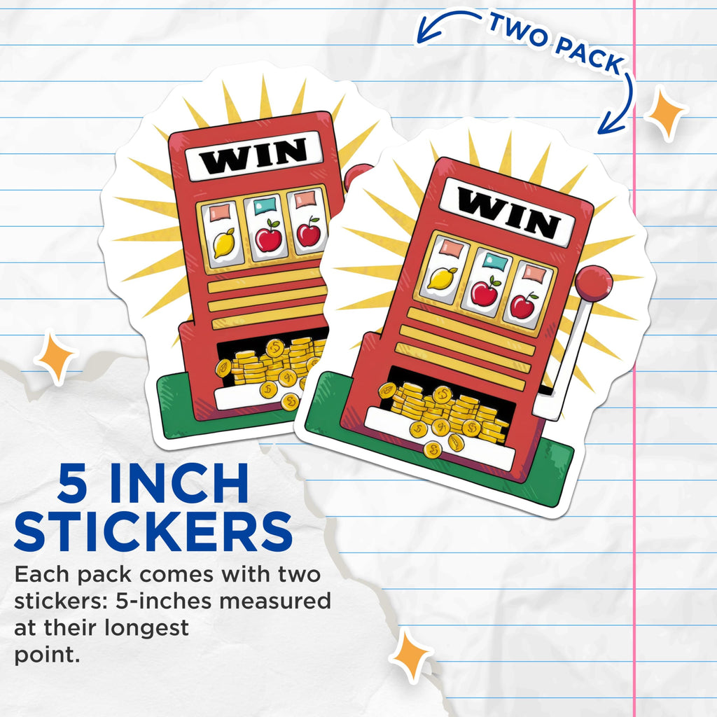 (2 Pack) Slot Machine Stickers - Fun Casino Theme - Winning Slot Game Stickers - 5" On Longest Side - Sticks to Smooth Flat Surfaces - Made in USA - BMCS6725