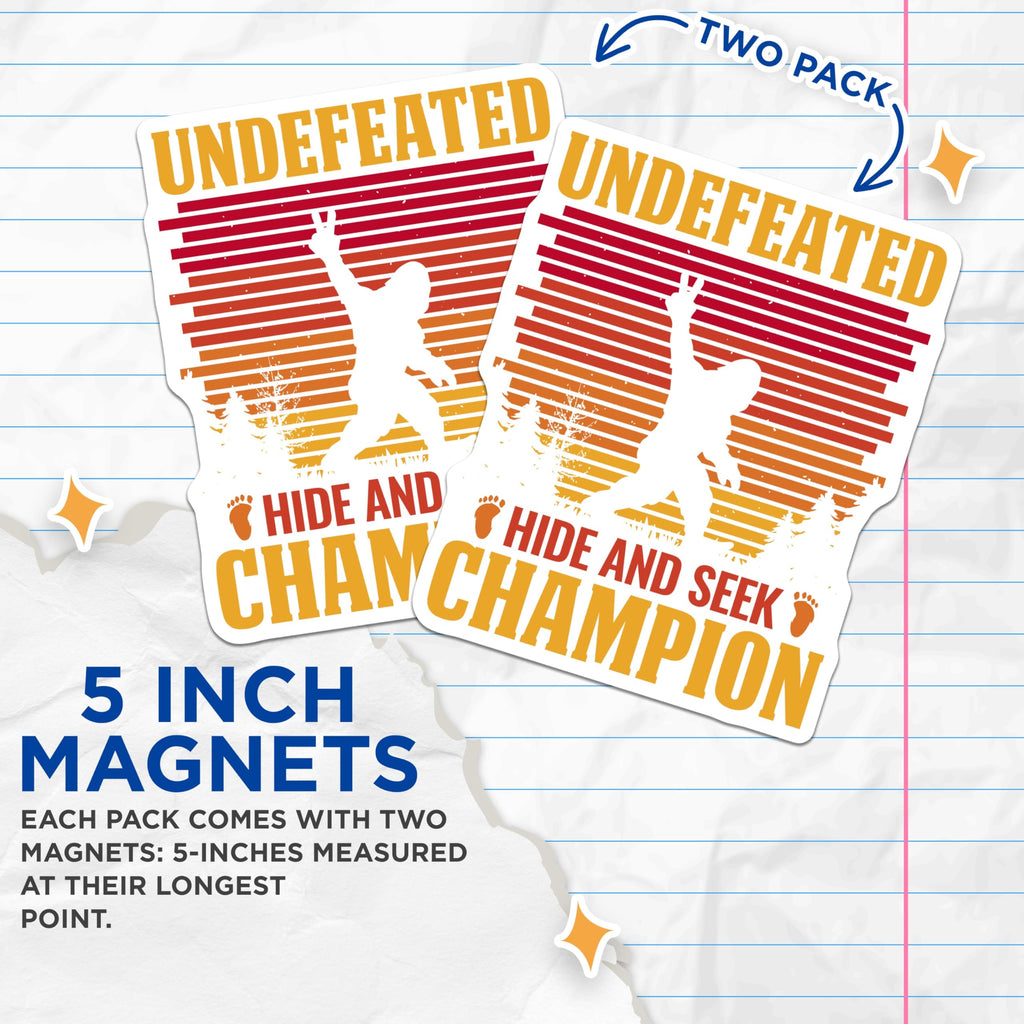 (2 Pack) Bigfoot Magnets - Hide and Seek Champion - Undefeated Fridge Decoration - 5" On Longest Side - Premium Magnet - for Cars, Refrigerators, Toolboxes, Lockers - Made in USA - MAG18050