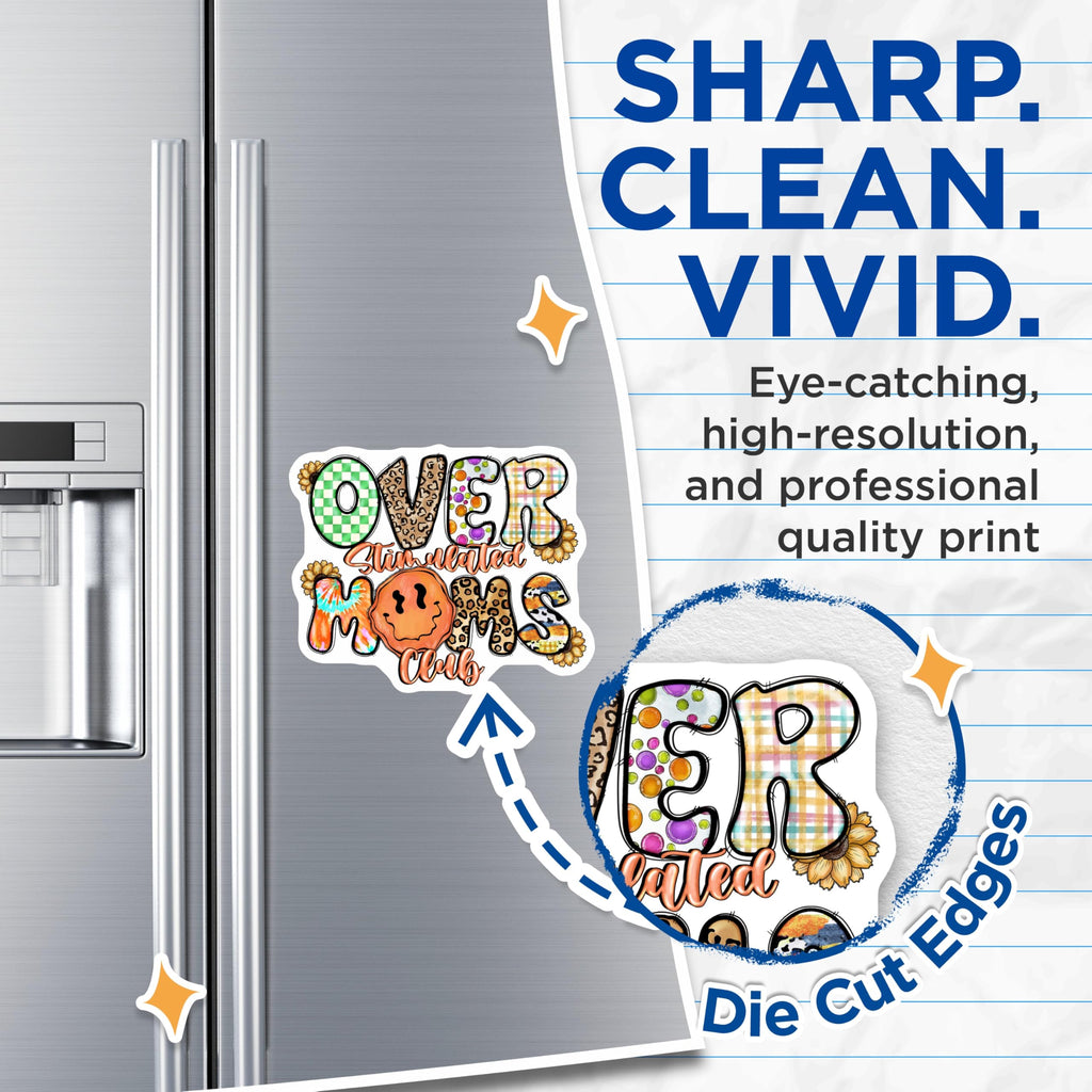 (2 Pack) Over Stimulated Moms Club Magnets - Trendy Mom Refrigerator Art - Boho Smiley Face Accent - 5 Inches On Longest Side - Thick Durable Magnet - Made in USA - MAG28081
