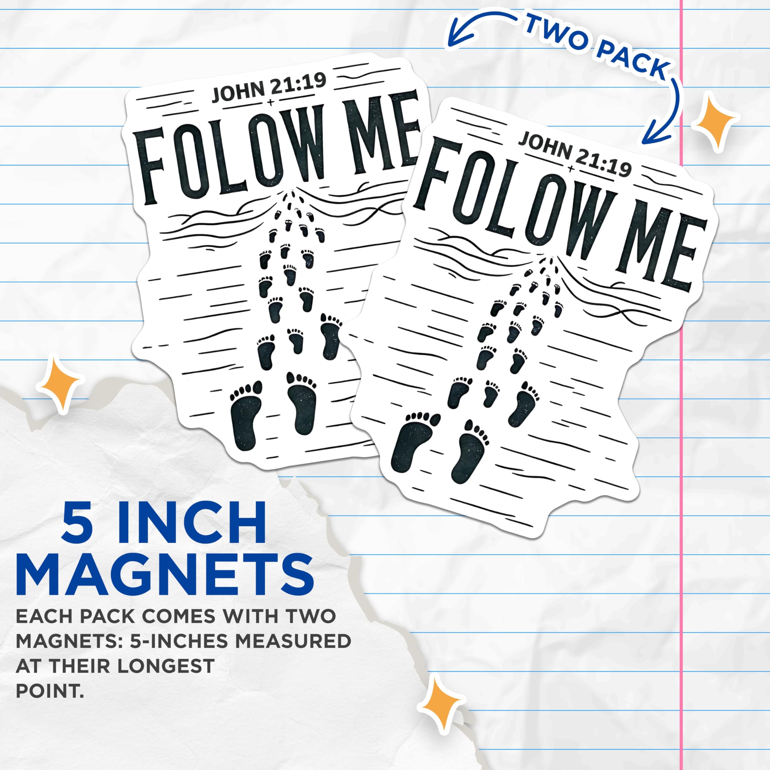 (2 Pack) John 21:19 Follow Me Magnets - Christian Faith Decor - Bible Verse Inspiration - 5 Inches On Longest Side - Thick Durable Magnet - Made in USA - MAG30151