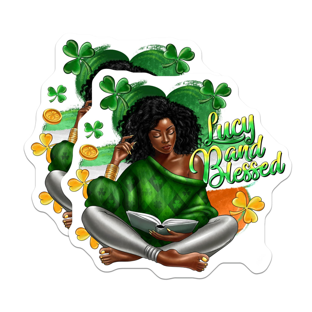 (2 Pack) Lucky Blessed Magnets - St Patricks Day Decor - Black Woman Reading - Afrocentric Magnets - 5 Inches On Longest Side - Thick Durable Magnet - Made in USA - MAG29304