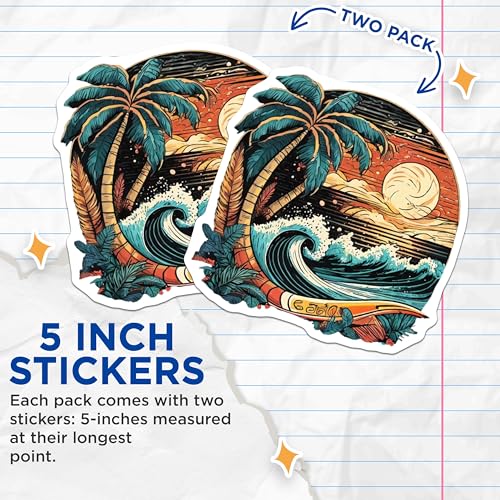 (2 Pack) Tropical Sunset Surfing Stickers - Beach Wave - Palm Tree Ocean Art - 5" On Longest Side - Sticks to Smooth Flat Surfaces - Made in USA - BMCS9255