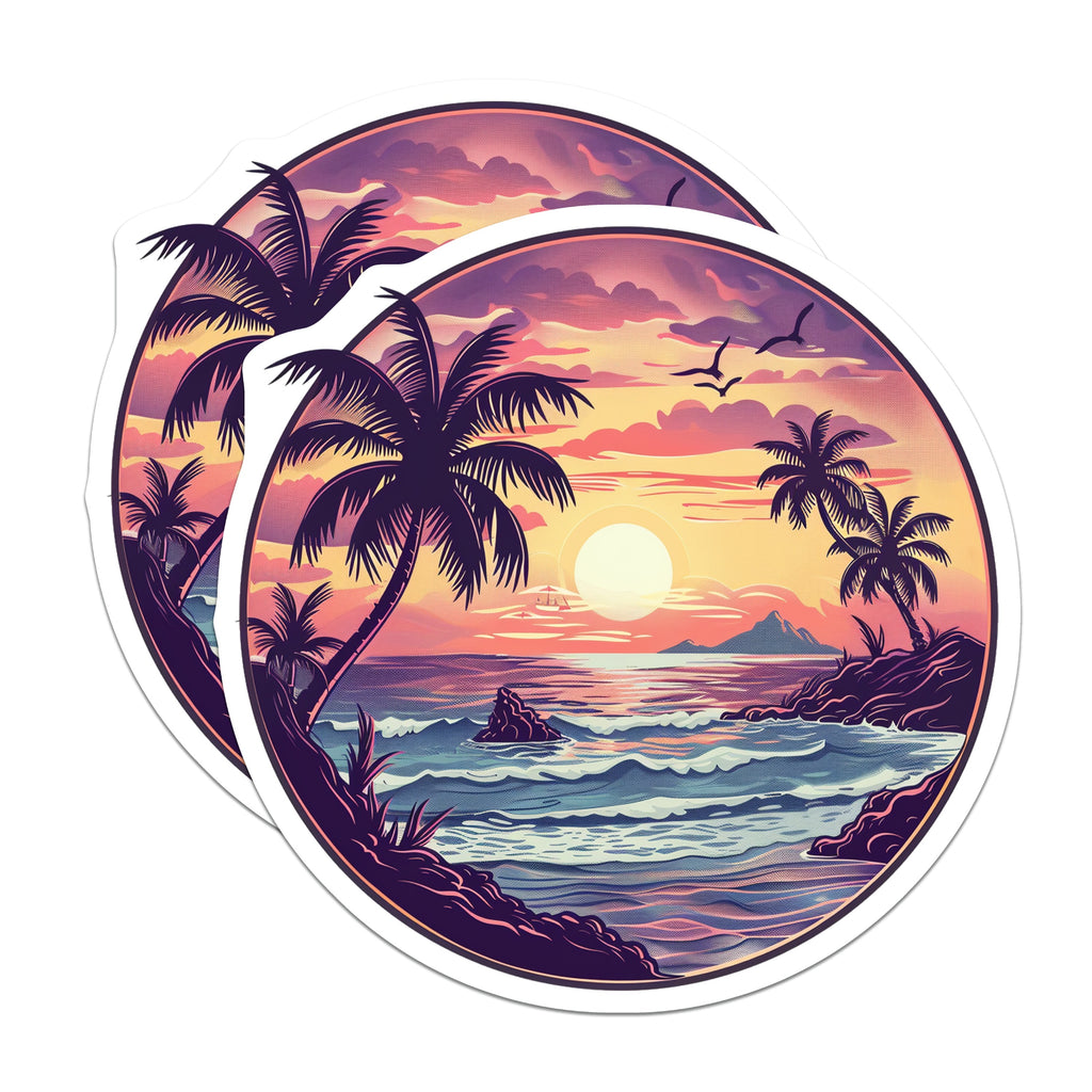(2 Pack) Tropical Sunset Magnets - Beach Scene Decor - Ocean Wave Art - Palm Tree Vacation Vibe - 5 Inches On Longest Side - Thick Durable Magnet - Made in USA - MAG38822