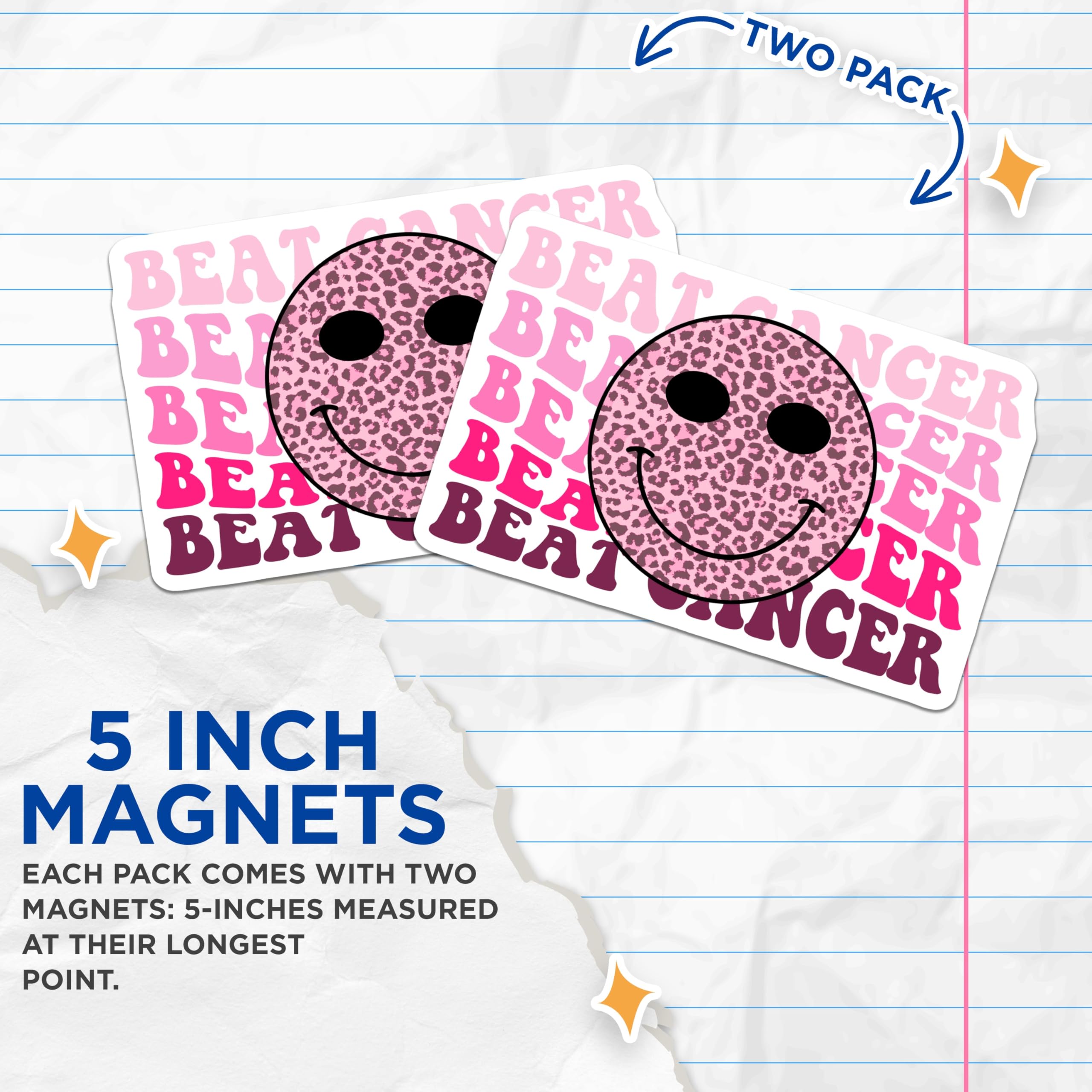 (2 Pack) Beat Cancer Magnets - Leopard Smiley Face - Pink Ribbon Awareness - 5" On Longest Side - Premium Magnet - for Cars, Refrigerators, Toolboxes, Lockers - Made in USA - MAG17054