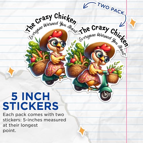 (2 Pack) Crazy Chicken Sticker - Funny Chicken Sticker - Farmer Market Theme Sticker - 5" On Longest Side - Sticks to Any Smooth Flat Surface - Made in USA - BMCS2922