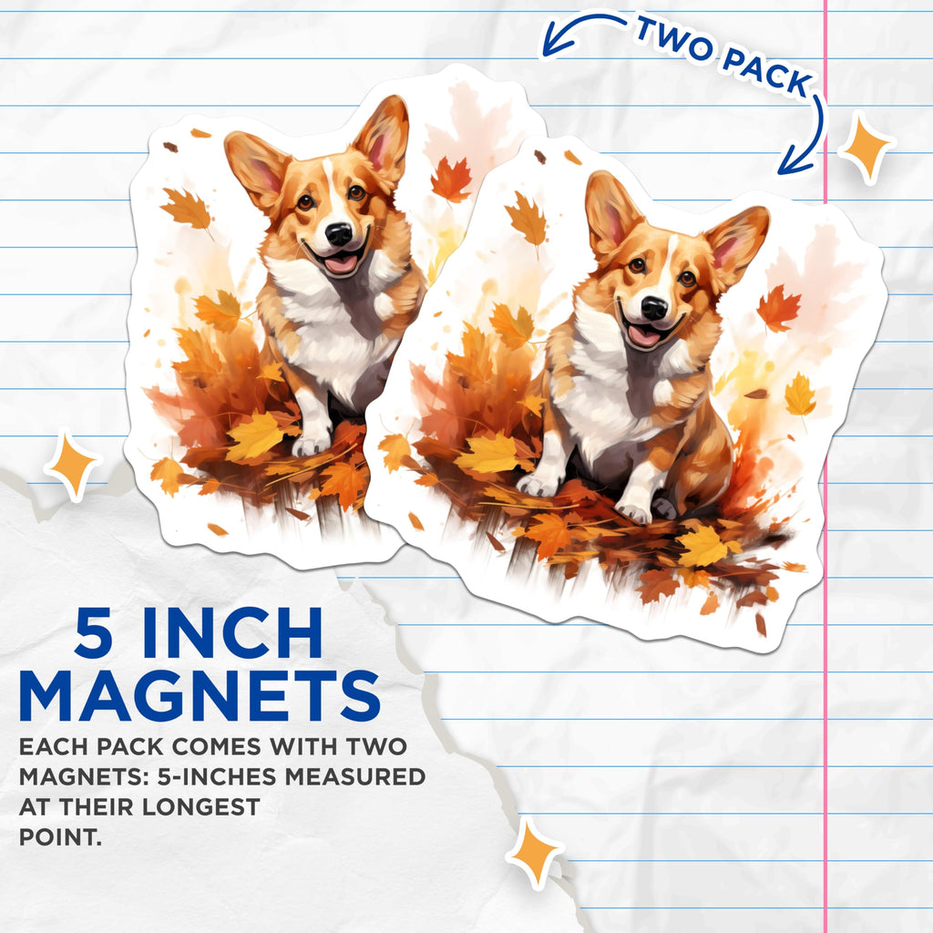 (2 Pack) Corgi Autumn Leaves Magnets - Happy Dog Decor - Fall Season Refrigerator Magnets - 5 Inches On Longest Side - Thick Durable Magnet - Made in USA - MAG29959