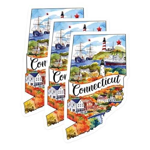 (3 Pack) Connecticut Decals - Travel CT Art - State Pride Laptop Decal- 3 Inches On Longest Side - Easy Peel & Apply - Made in USA - 3MCS5047